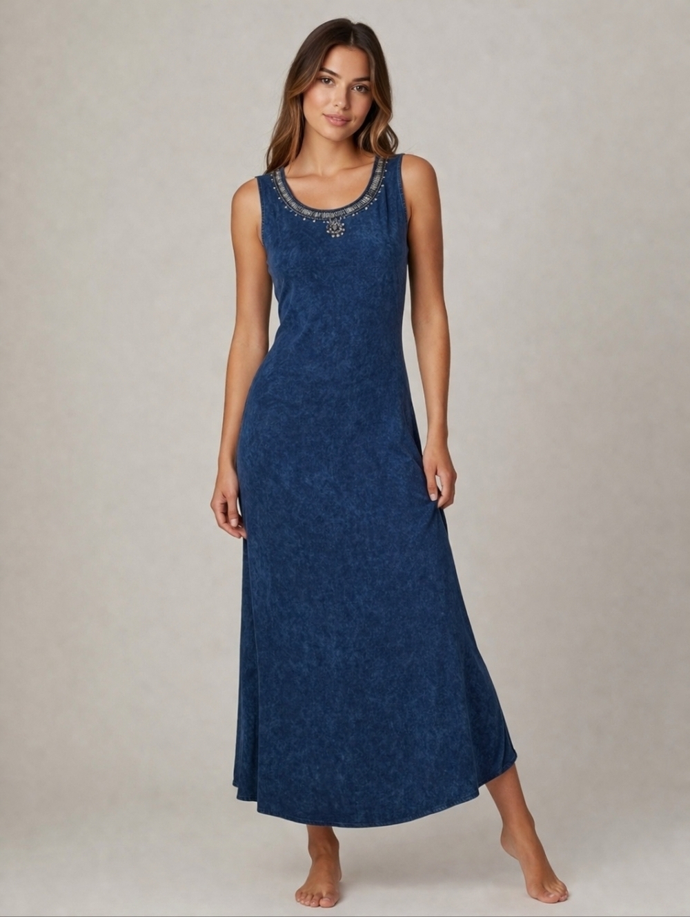 SOHO Western Bedazzled Sleeveless Chambray Denim Maxi Tie Back Tank Dress